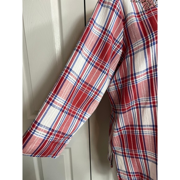 Alfred Dunner Women's Red Plaid 3/4 Sleeve Button Front Top Floral Beading 14P - Picture 4 of 10